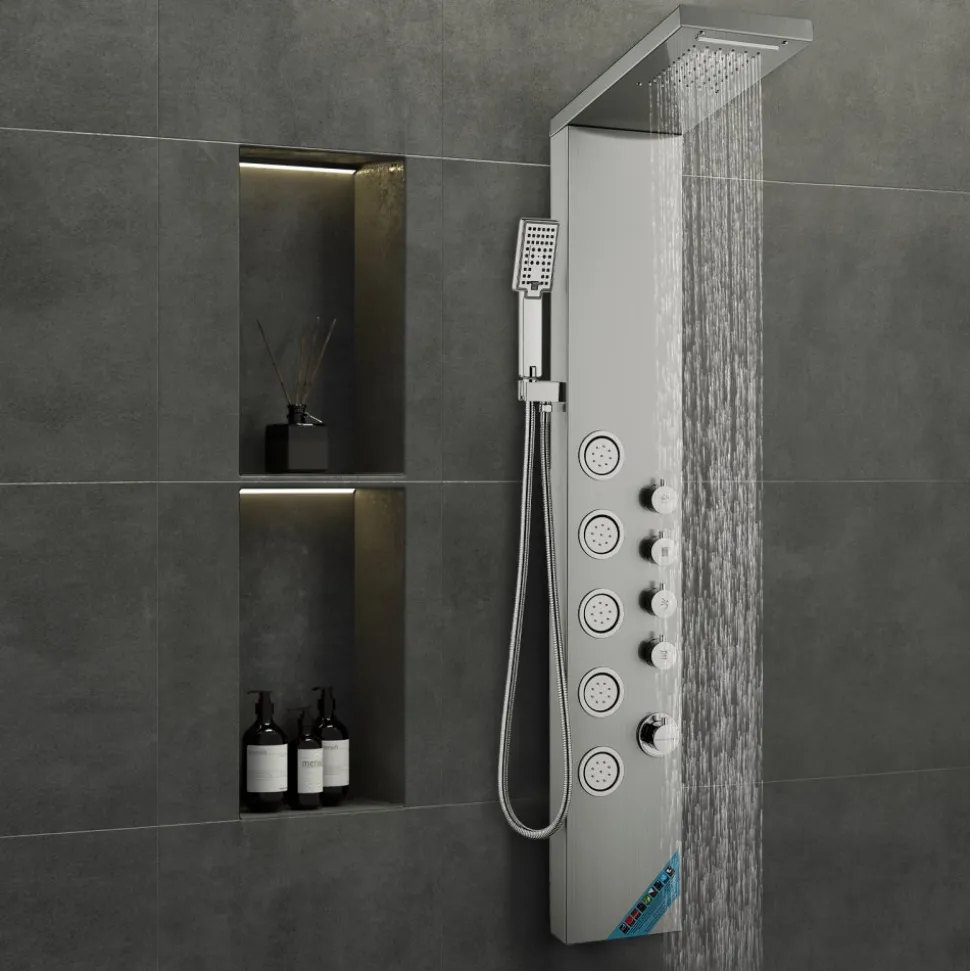 VEVOR Shower Panel System, 4 Shower Modes Shower Panel Tower, Rainfall, Waterfall, 5 Full Body Massage Jets and 3-Setting Handheld Shower Head with 59" Hose, Stainless Steel Wall-Mounted Shower Set