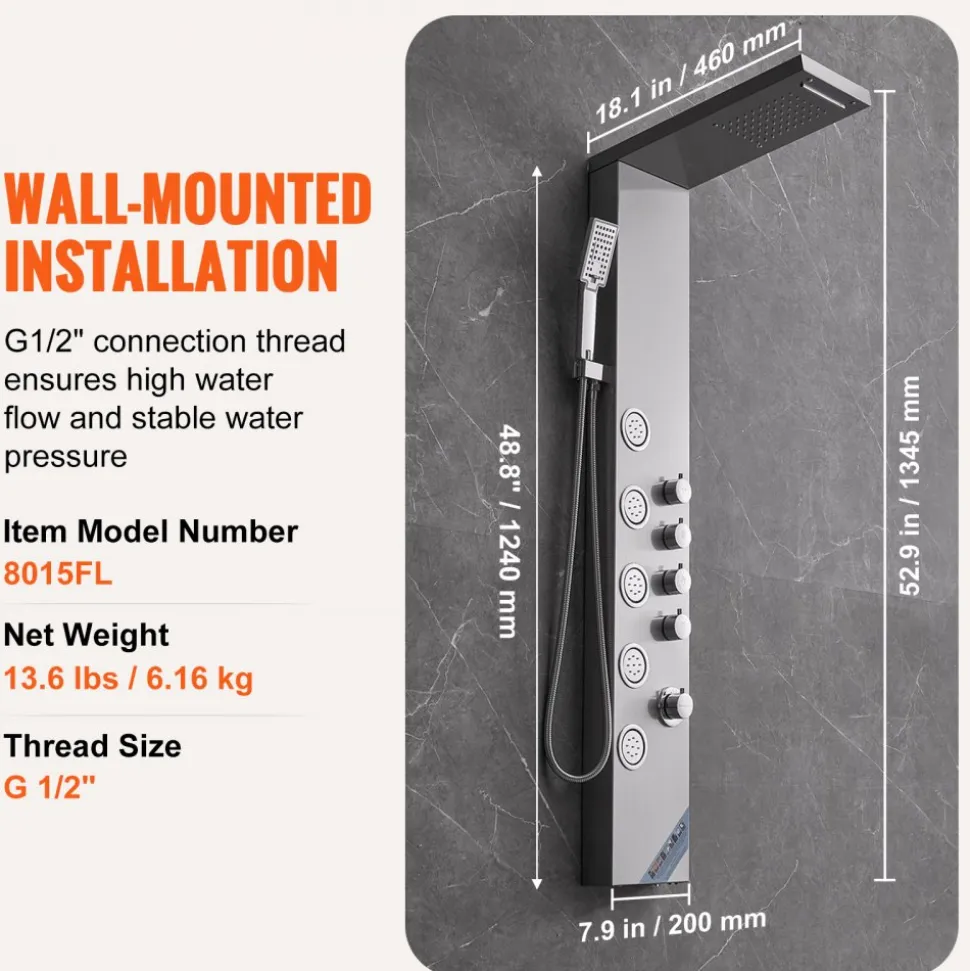 VEVOR Shower Panel System, 4 Shower Modes Shower Panel Tower, Rainfall, Waterfall, 5 Full Body Massage Jets and 3-Setting Handheld Shower Head with 59" Hose, Stainless Steel Wall-Mounted Shower Set