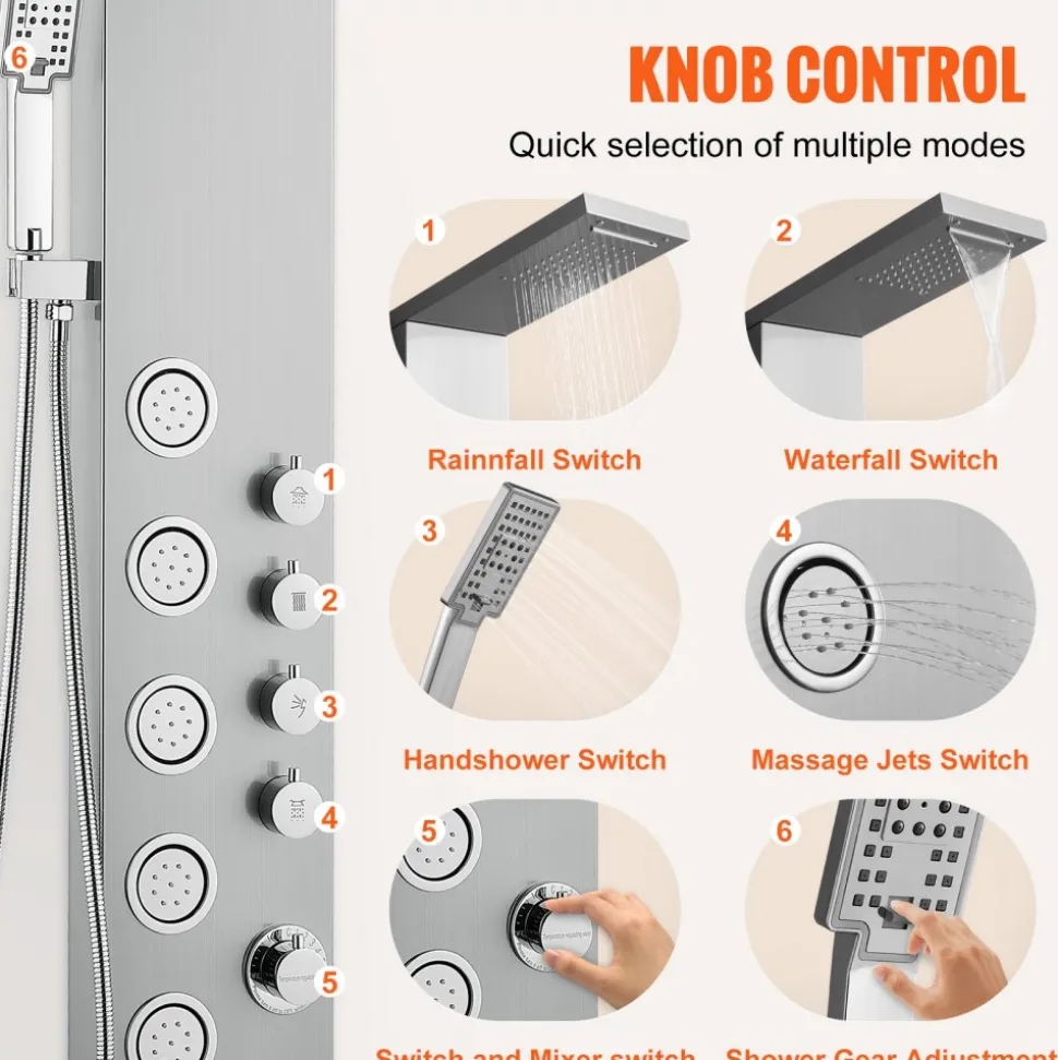 VEVOR Shower Panel System, 4 Shower Modes Shower Panel Tower, Rainfall, Waterfall, 5 Full Body Massage Jets and 3-Setting Handheld Shower Head with 59" Hose, Stainless Steel Wall-Mounted Shower Set