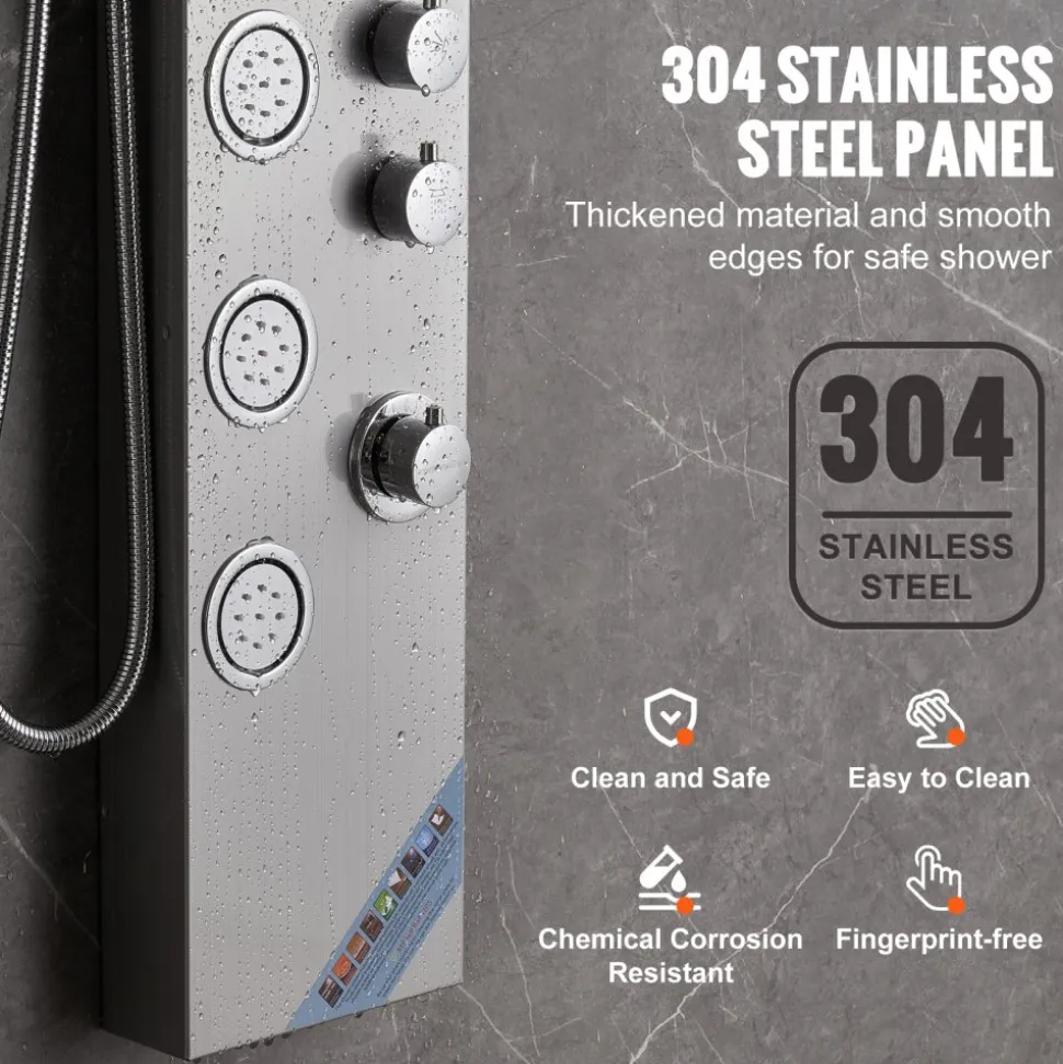 VEVOR Shower Panel System, 4 Shower Modes Shower Panel Tower, Rainfall, Waterfall, 5 Full Body Massage Jets and 3-Setting Handheld Shower Head with 59" Hose, Stainless Steel Wall-Mounted Shower Set
