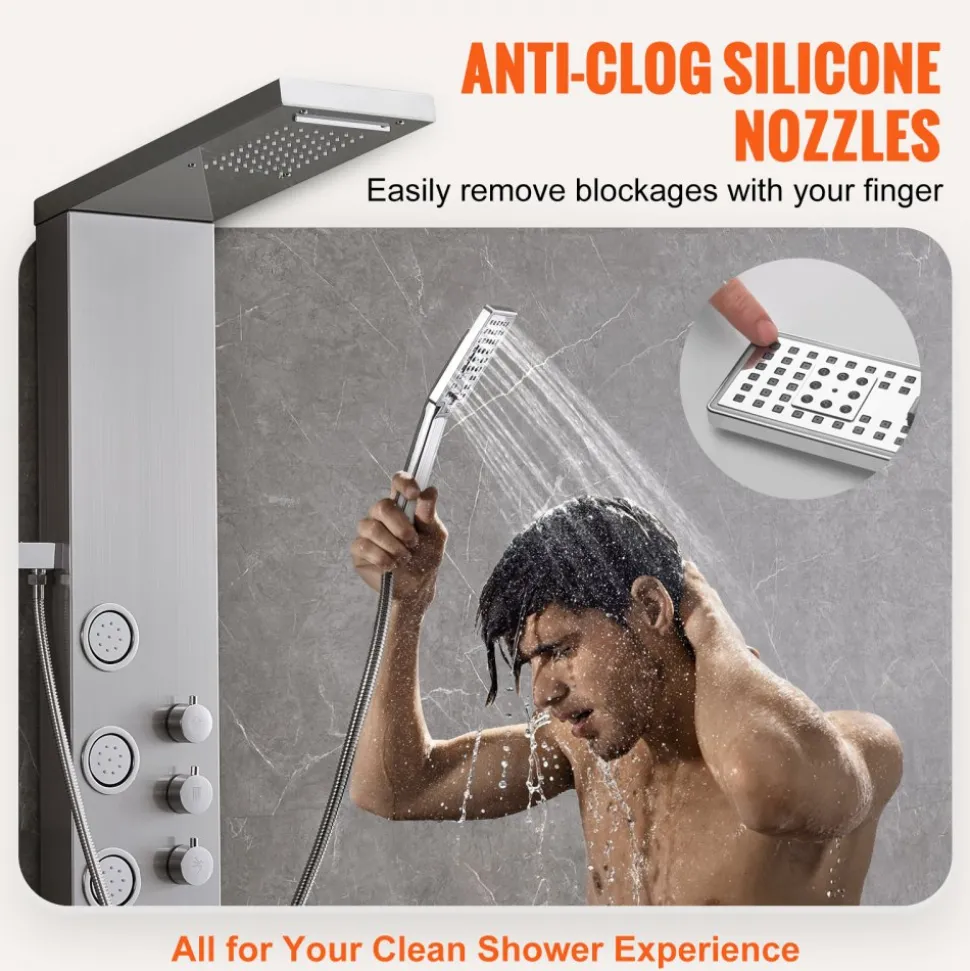 VEVOR Shower Panel System, 4 Shower Modes Shower Panel Tower, Rainfall, Waterfall, 5 Full Body Massage Jets and 3-Setting Handheld Shower Head with 59" Hose, Stainless Steel Wall-Mounted Shower Set