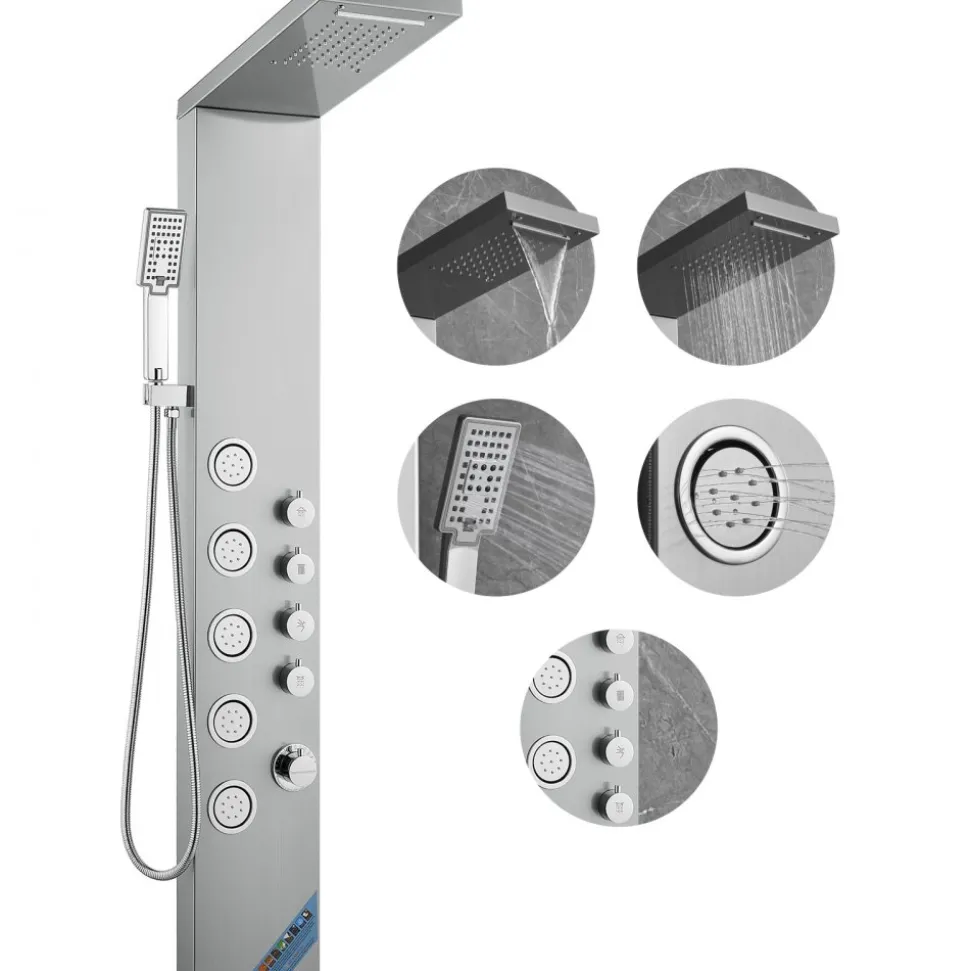 VEVOR Shower Panel System, 4 Shower Modes Shower Panel Tower, Rainfall, Waterfall, 5 Full Body Massage Jets and 3-Setting Handheld Shower Head with 59" Hose, Stainless Steel Wall-Mounted Shower Set