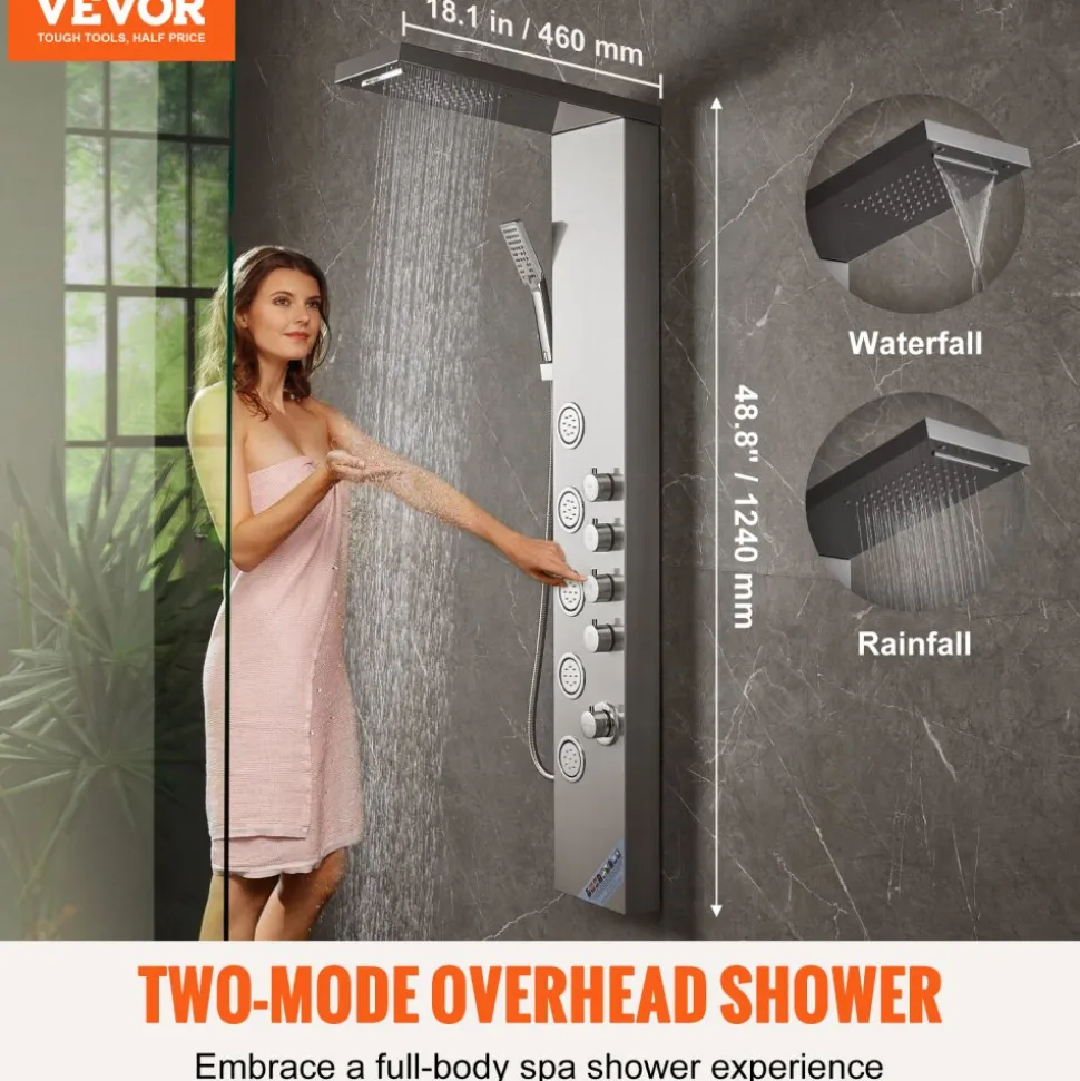 VEVOR Shower Panel System, 4 Shower Modes Shower Panel Tower, Rainfall, Waterfall, 5 Full Body Massage Jets and 3-Setting Handheld Shower Head with 59" Hose, Stainless Steel Wall-Mounted Shower Set