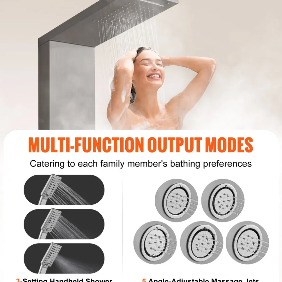 VEVOR Shower Panel System, 4 Shower Modes Shower Panel Tower, Rainfall, Waterfall, 5 Full Body Massage Jets and 3-Setting Handheld Shower Head with 59" Hose, Stainless Steel Wall-Mounted Shower Set