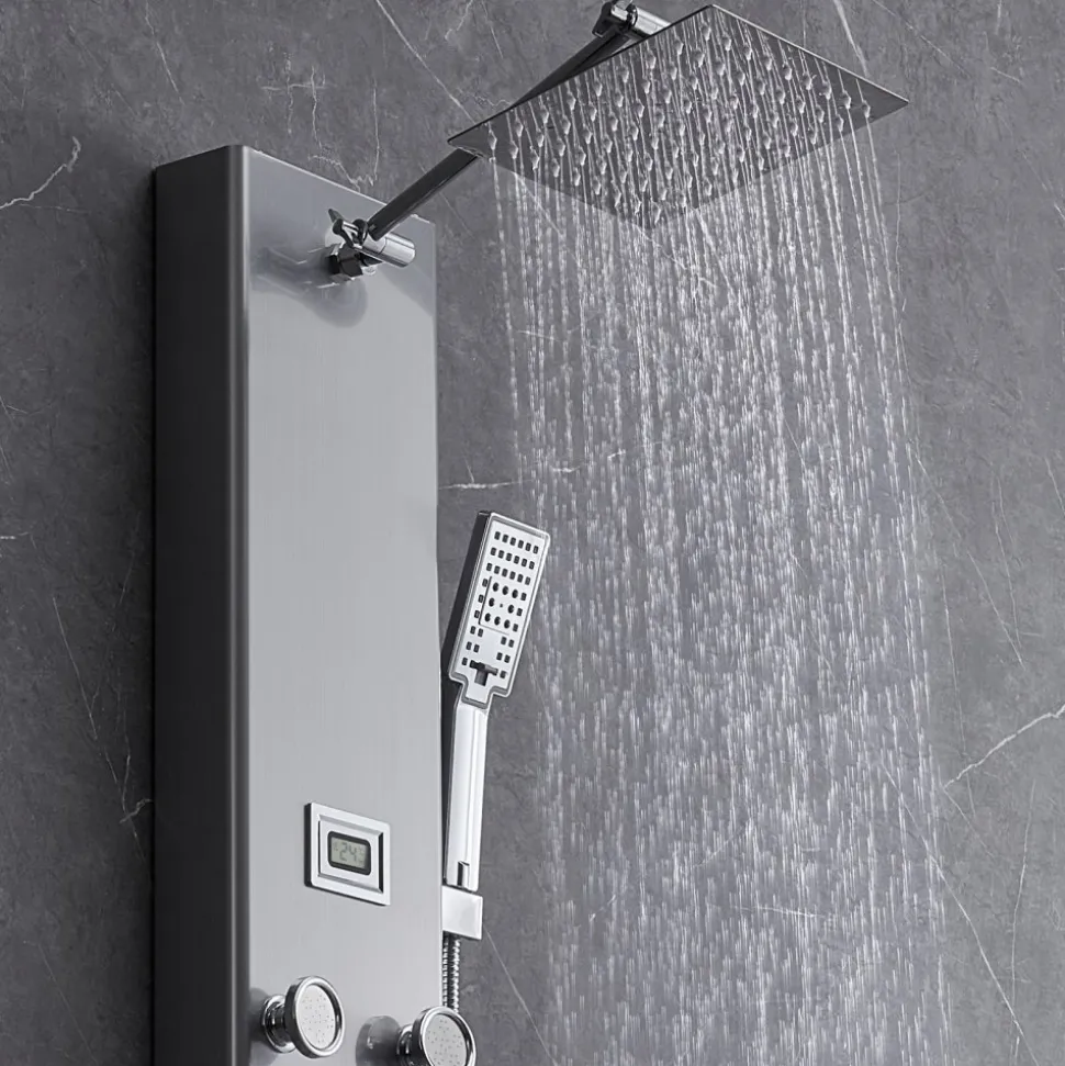 VEVOR Shower Panel System, 5 Shower Modes, Digital Display Shower Panel Tower, Rainfall, 8 Massage Jets, Tub Spout, 3-Setting Handheld Shower Head 59" Hose, Stainless Steel Wall-Mounted Shower Set