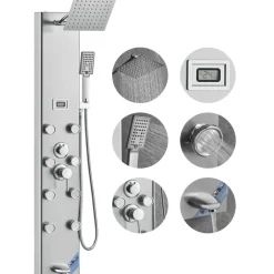 VEVOR Shower Panel System, 5 Shower Modes, Digital Display Shower Panel Tower, Rainfall, 8 Massage Jets, Tub Spout, 3-Setting Handheld Shower Head 59" Hose, Stainless Steel Wall-Mounted Shower Set