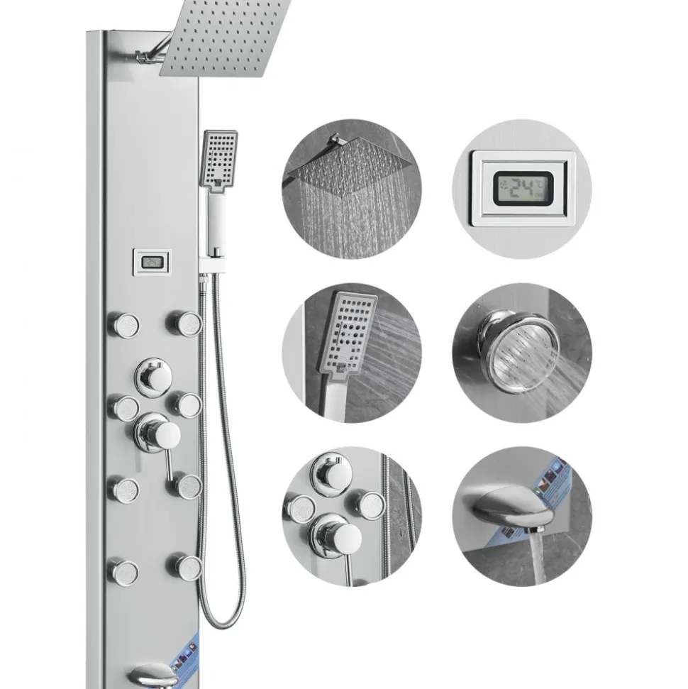 VEVOR Shower Panel System, 5 Shower Modes, Digital Display Shower Panel Tower, Rainfall, 8 Massage Jets, Tub Spout, 3-Setting Handheld Shower Head 59" Hose, Stainless Steel Wall-Mounted Shower Set