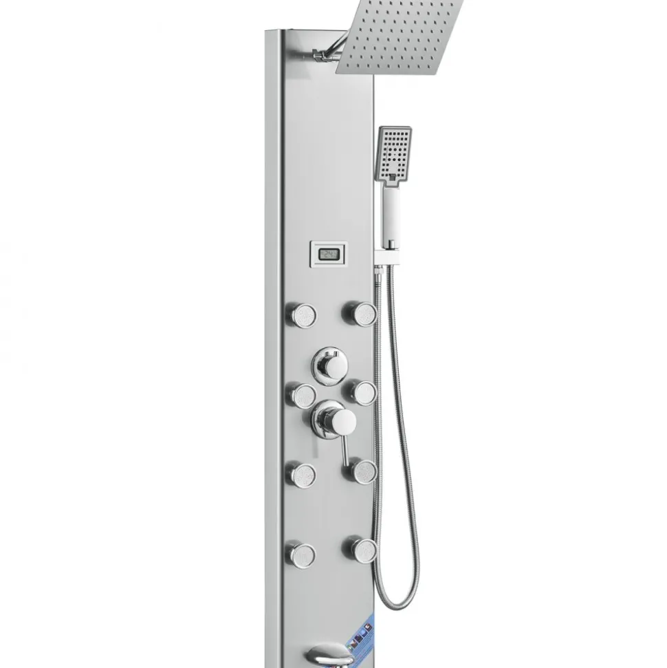 VEVOR Shower Panel System, 5 Shower Modes, Digital Display Shower Panel Tower, Rainfall, 8 Massage Jets, Tub Spout, 3-Setting Handheld Shower Head 59" Hose, Stainless Steel Wall-Mounted Shower Set