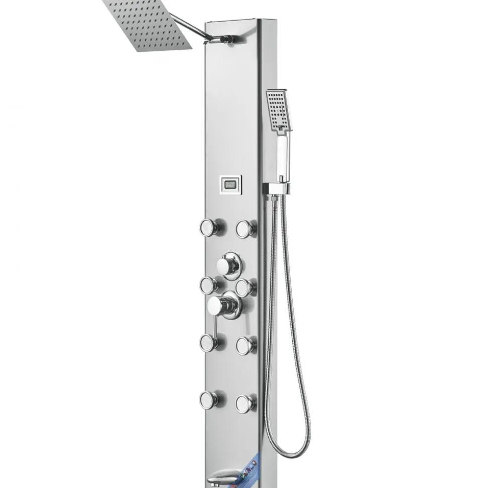 VEVOR Shower Panel System, 5 Shower Modes, Digital Display Shower Panel Tower, Rainfall, 8 Massage Jets, Tub Spout, 3-Setting Handheld Shower Head 59" Hose, Stainless Steel Wall-Mounted Shower Set
