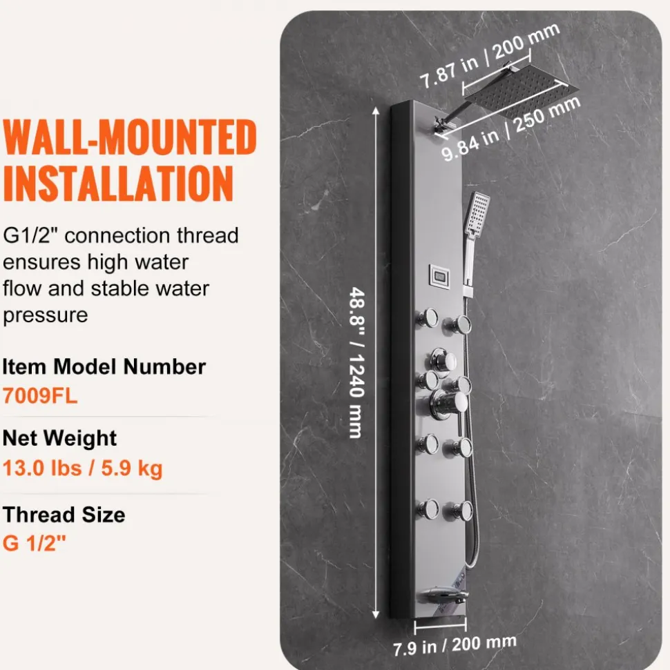 VEVOR Shower Panel System, 5 Shower Modes, Digital Display Shower Panel Tower, Rainfall, 8 Massage Jets, Tub Spout, 3-Setting Handheld Shower Head 59" Hose, Stainless Steel Wall-Mounted Shower Set