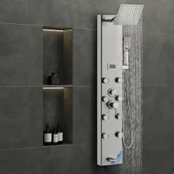 VEVOR Shower Panel System, 5 Shower Modes, Digital Display Shower Panel Tower, Rainfall, 8 Massage Jets, Tub Spout, 3-Setting Handheld Shower Head 59