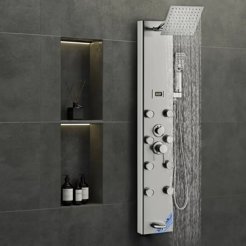 VEVOR Shower Panel System, 5 Shower Modes, Digital Display Shower Panel Tower, Rainfall, 8 Massage Jets, Tub Spout, 3-Setting Handheld Shower Head 59" Hose, Stainless Steel Wall-Mounted Shower Set
