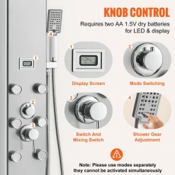 VEVOR Shower Panel System, 5 Shower Modes, Digital Display Shower Panel Tower, Rainfall, 8 Massage Jets, Tub Spout, 3-Setting Handheld Shower Head 59