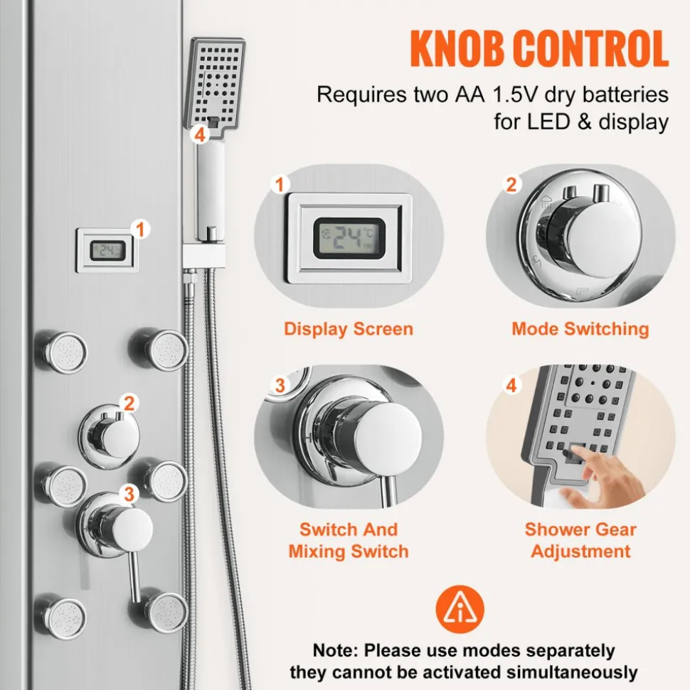 VEVOR Shower Panel System, 5 Shower Modes, Digital Display Shower Panel Tower, Rainfall, 8 Massage Jets, Tub Spout, 3-Setting Handheld Shower Head 59" Hose, Stainless Steel Wall-Mounted Shower Set