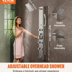 VEVOR Shower Panel System, 5 Shower Modes, Digital Display Shower Panel Tower, Rainfall, 8 Massage Jets, Tub Spout, 3-Setting Handheld Shower Head 59