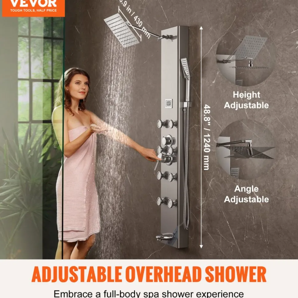 VEVOR Shower Panel System, 5 Shower Modes, Digital Display Shower Panel Tower, Rainfall, 8 Massage Jets, Tub Spout, 3-Setting Handheld Shower Head 59" Hose, Stainless Steel Wall-Mounted Shower Set