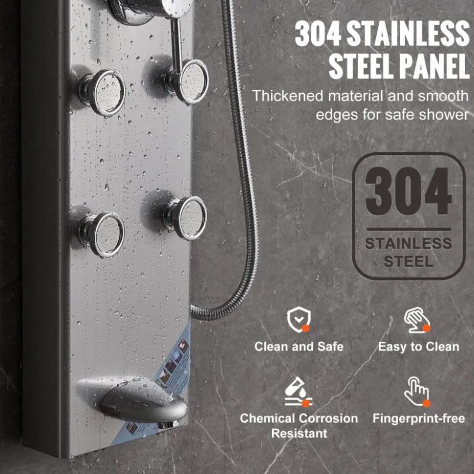 VEVOR Shower Panel System, 5 Shower Modes, Digital Display Shower Panel Tower, Rainfall, 8 Massage Jets, Tub Spout, 3-Setting Handheld Shower Head 59" Hose, Stainless Steel Wall-Mounted Shower Set