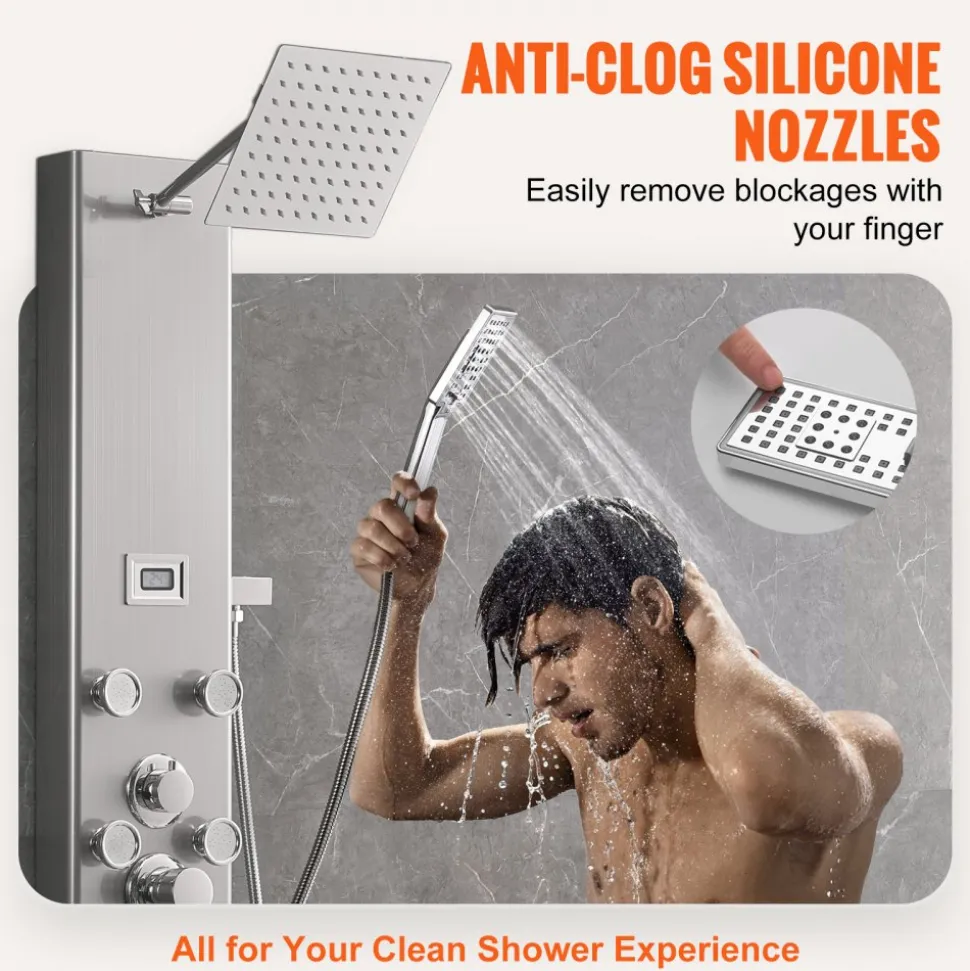 VEVOR Shower Panel System, 5 Shower Modes, Digital Display Shower Panel Tower, Rainfall, 8 Massage Jets, Tub Spout, 3-Setting Handheld Shower Head 59" Hose, Stainless Steel Wall-Mounted Shower Set