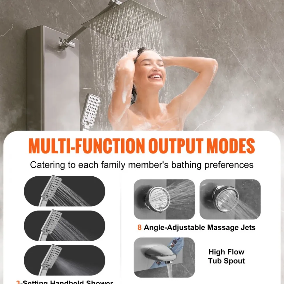 VEVOR Shower Panel System, 5 Shower Modes, Digital Display Shower Panel Tower, Rainfall, 8 Massage Jets, Tub Spout, 3-Setting Handheld Shower Head 59" Hose, Stainless Steel Wall-Mounted Shower Set