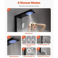 VEVOR Shower Panel Tower System with Rainfall Shower Head, LED, 53 in Brushed Stainless Steel Shower Column, 6-Function Faucet, Wall-Mount Rain Massage System with 5 Body Jets, Handheld, Tub Spout