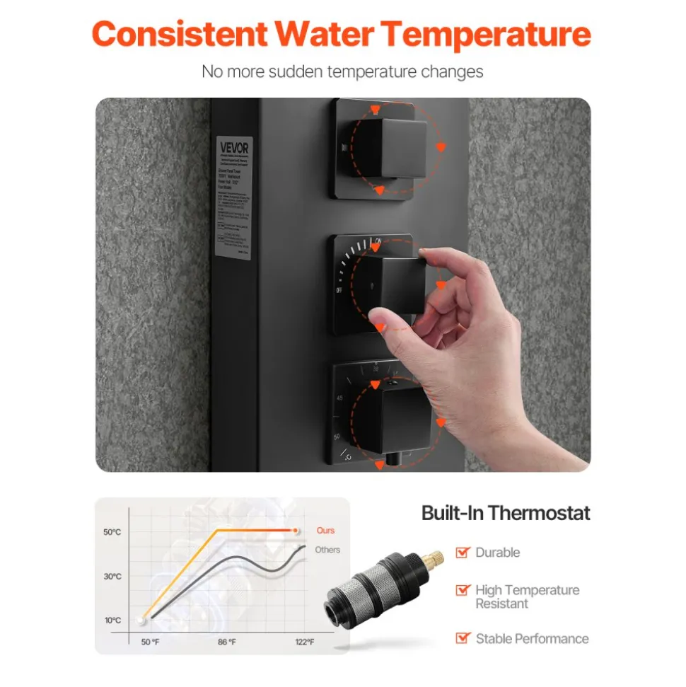 VEVOR Shower Panel Tower System with Rainfall Waterfall Shower Head, 53 in Brushed Stainless Steel Shower Column, 5-Function Faucet, Wall-Mount Rain Massage System with 2 Body Jet, Handheld, Tub Spout