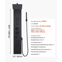 VEVOR Shower Panel Tower System with Rainfall Shower Head, 49 in Brushed Stainless Steel Shower Column, 3-Function Faucet, High Pressure Wall-Mount Rain Massage System with 6 Body Jets and Handheld