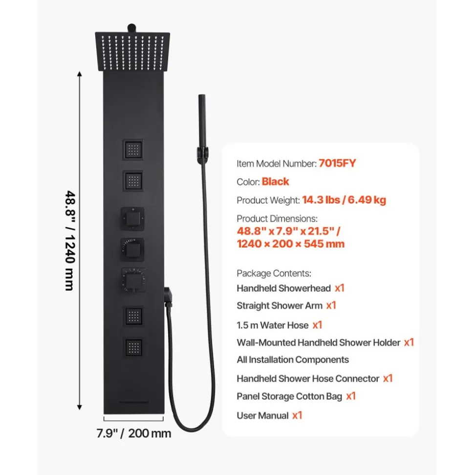 VEVOR Shower Panel Tower System with Rainfall Waterfall Shower Head, 53 in Brushed Stainless Steel Shower Column, 5-Function Faucet, Wall-Mount Rain Massage System with 2 Body Jet, Handheld, Tub Spout