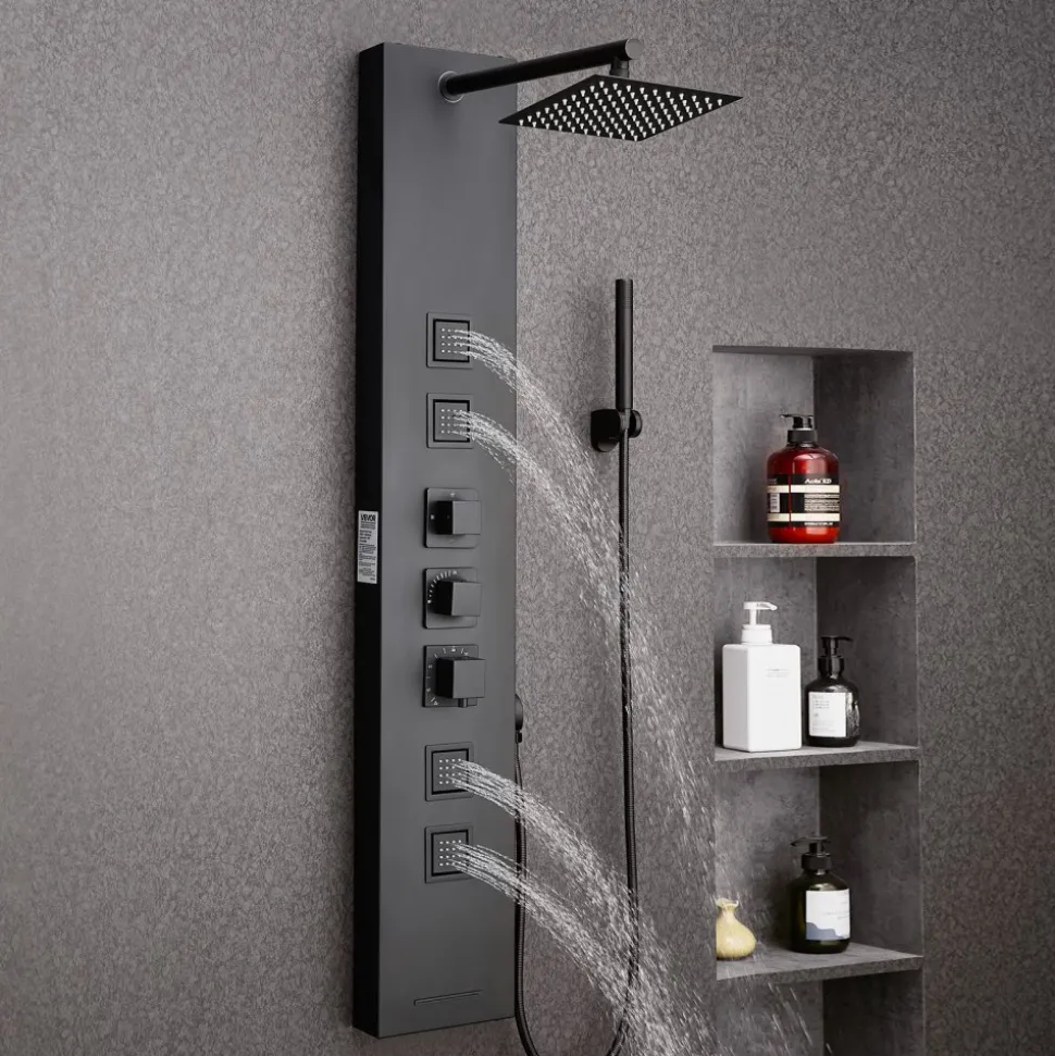 VEVOR Shower Panel Tower System with Rainfall Waterfall Shower Head, 53 in Brushed Stainless Steel Shower Column, 5-Function Faucet, Wall-Mount Rain Massage System with 2 Body Jet, Handheld, Tub Spout