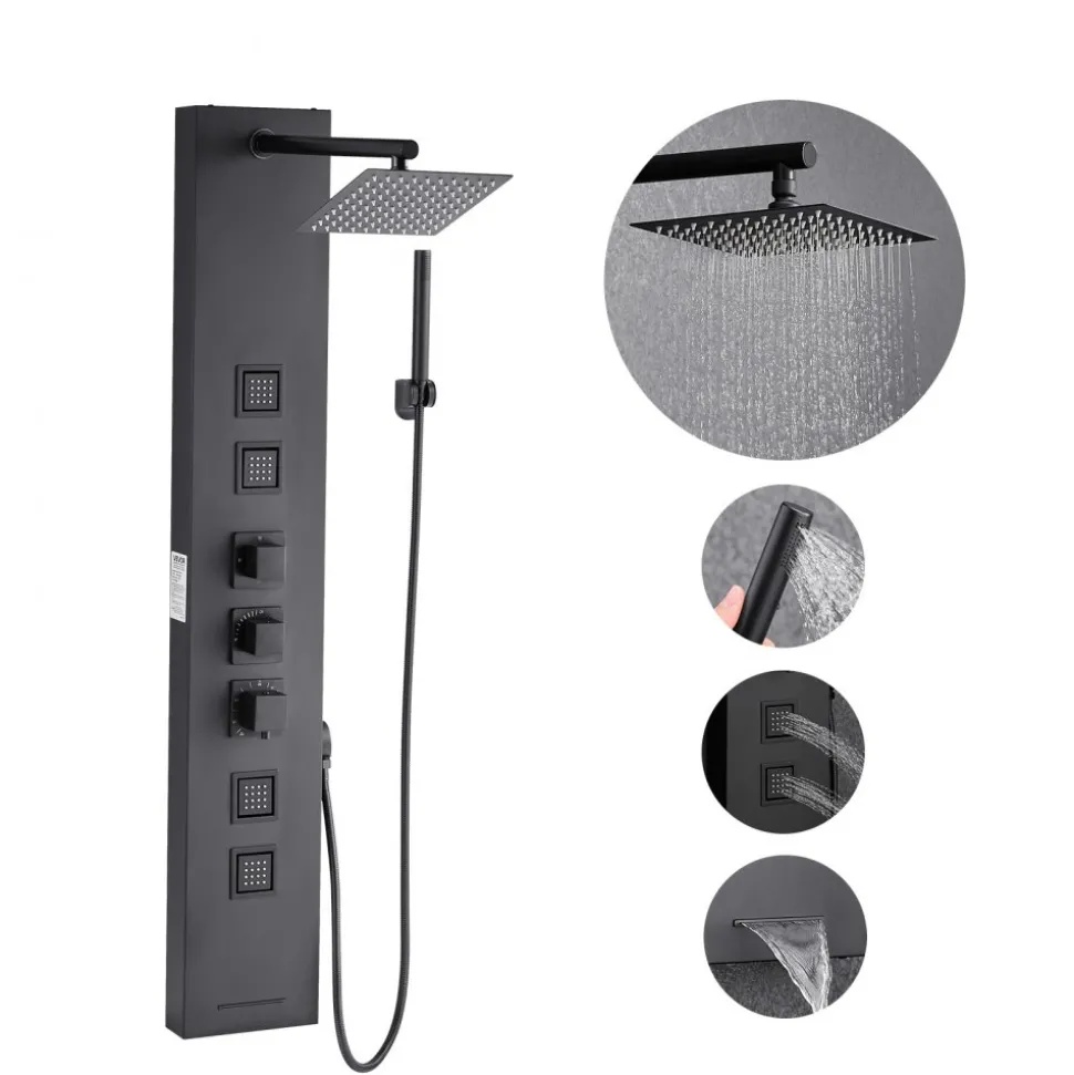 VEVOR Shower Panel Tower System with Rainfall Waterfall Shower Head, 53 in Brushed Stainless Steel Shower Column, 5-Function Faucet, Wall-Mount Rain Massage System with 2 Body Jet, Handheld, Tub Spout
