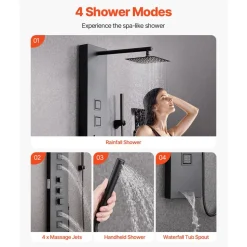 VEVOR Shower Panel Tower System with Rainfall Waterfall Shower Head, 53 in Brushed Stainless Steel Shower Column, 5-Function Faucet, Wall-Mount Rain Massage System with 2 Body Jet, Handheld, Tub Spout