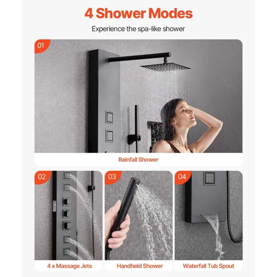 VEVOR Shower Panel Tower System with Rainfall Waterfall Shower Head, 53 in Brushed Stainless Steel Shower Column, 5-Function Faucet, Wall-Mount Rain Massage System with 2 Body Jet, Handheld, Tub Spout