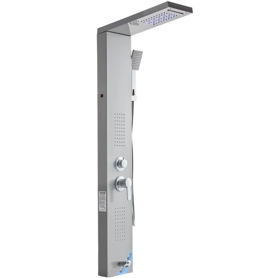 VEVOR Shower Panel Tower System with Rainfall Waterfall Shower Head, LED, 53 in Brushed Stainless Steel Shower Column, 5-Function Faucet, Wall-Mount Rain Massage System, with Handheld, Tub Spout