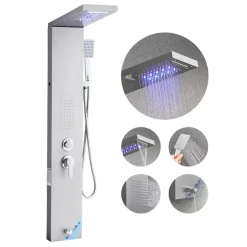 VEVOR Shower Panel Tower System with Rainfall Waterfall Shower Head, LED, 53 in Brushed Stainless Steel Shower Column, 5-Function Faucet, Wall-Mount Rain Massage System, with Handheld, Tub Spout