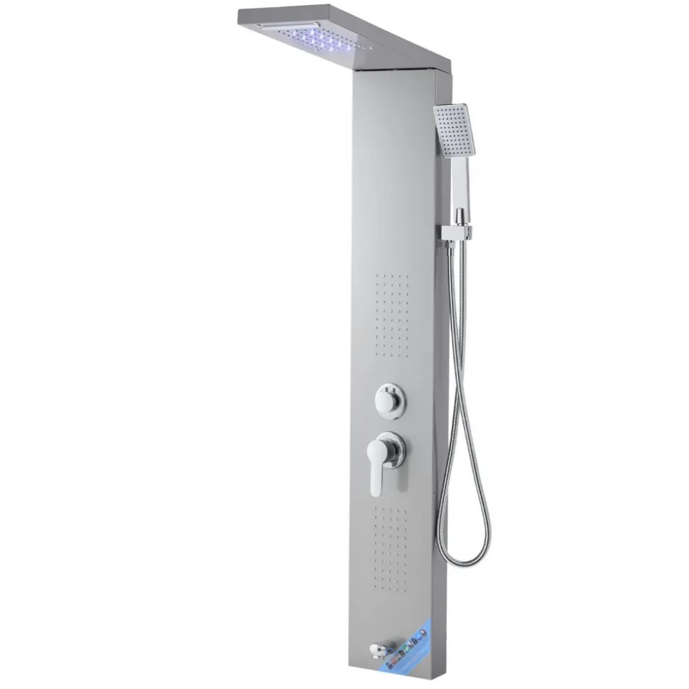 VEVOR Shower Panel Tower System with Rainfall Waterfall Shower Head, LED, 53 in Brushed Stainless Steel Shower Column, 5-Function Faucet, Wall-Mount Rain Massage System, with Handheld, Tub Spout