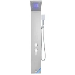 VEVOR Shower Panel Tower System with Rainfall Waterfall Shower Head, LED, 53 in Brushed Stainless Steel Shower Column, 5-Function Faucet, Wall-Mount Rain Massage System, with Handheld, Tub Spout