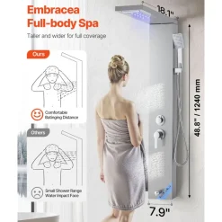 VEVOR Shower Panel Tower System with Rainfall Waterfall Shower Head, LED, 53 in Brushed Stainless Steel Shower Column, 5-Function Faucet, Wall-Mount Rain Massage System, with Handheld, Tub Spout