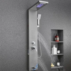 VEVOR Shower Panel Tower System with Rainfall Waterfall Shower Head, LED, 53 in Brushed Stainless Steel Shower Column, 5-Function Faucet, Wall-Mount Rain Massage System, with Handheld, Tub Spout