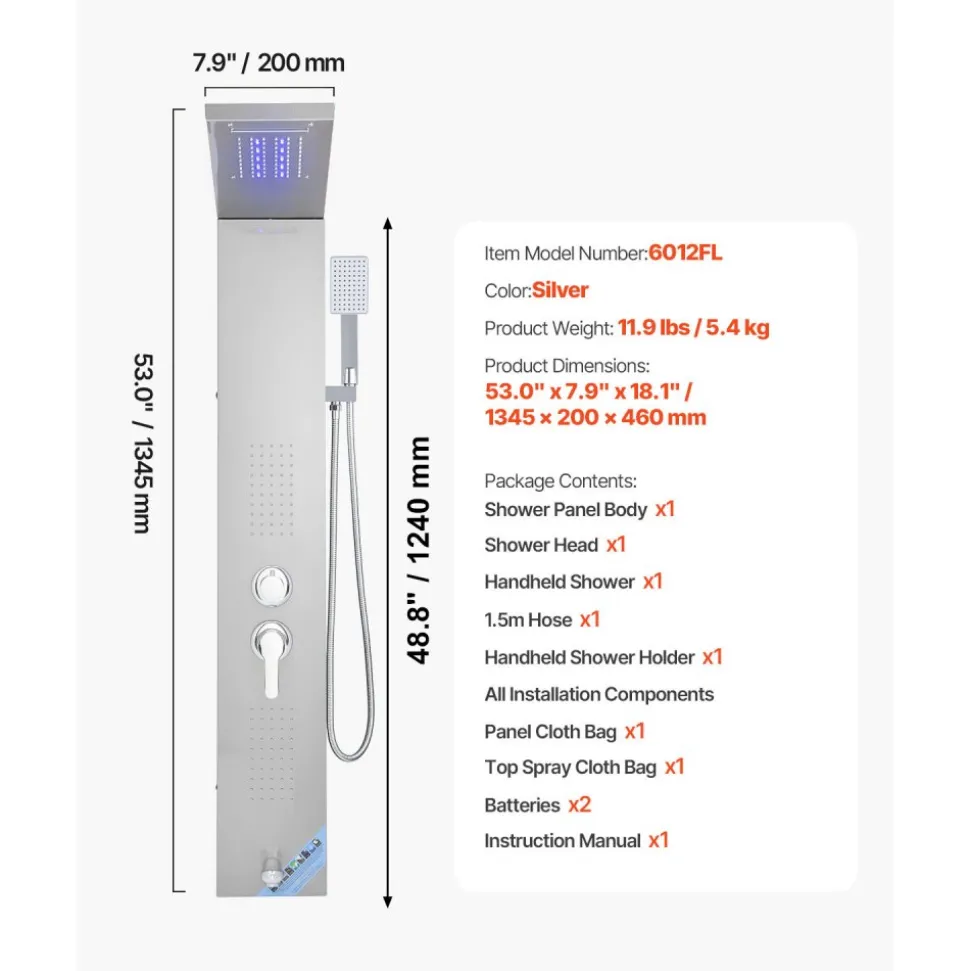 VEVOR Shower Panel Tower System with Rainfall Waterfall Shower Head, LED, 53 in Brushed Stainless Steel Shower Column, 5-Function Faucet, Wall-Mount Rain Massage System, with Handheld, Tub Spout