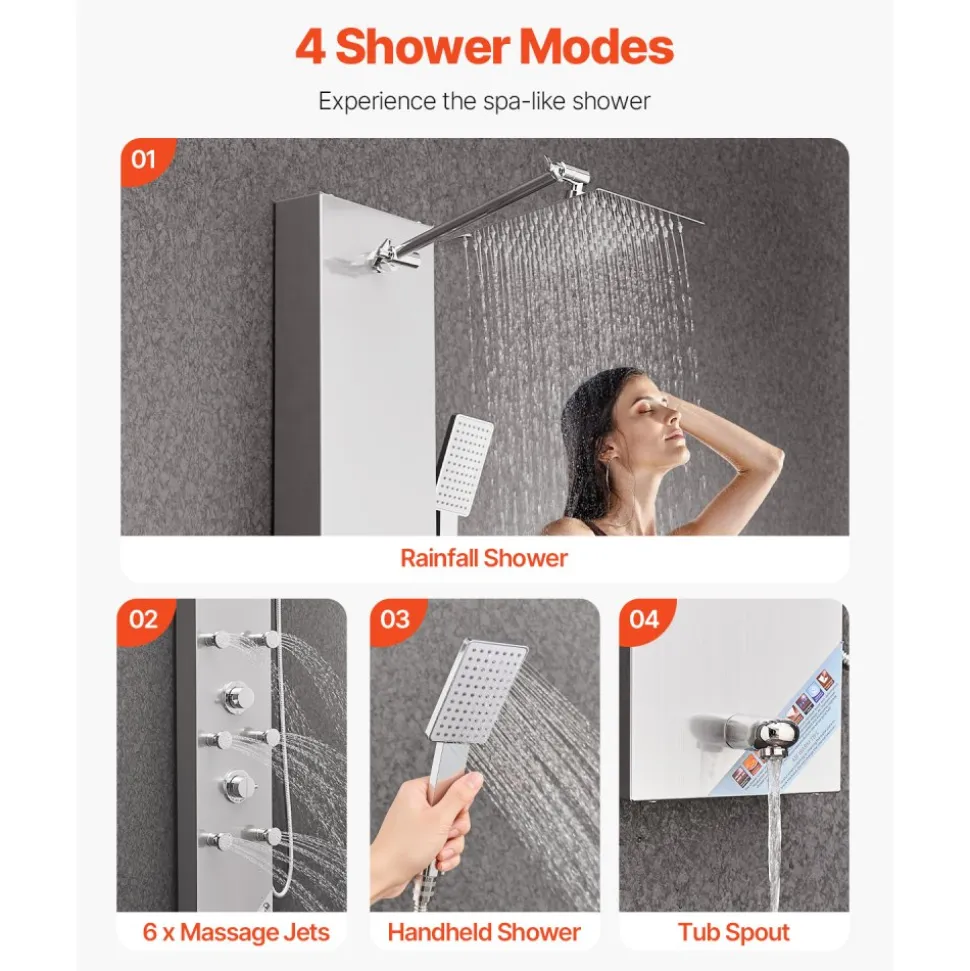 VEVOR Shower Panel Tower System with Rainfall Shower Head, LED, 49 in Brushed Stainless Steel Shower Column, 4-Function Faucet, Wall-Mount Rain Massage System with 6 Body Jets, Handheld, and Tub Spout