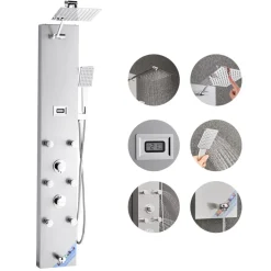 VEVOR Shower Panel Tower System with Rainfall Shower Head, LED, 49 in Brushed Stainless Steel Shower Column, 4-Function Faucet, Wall-Mount Rain Massage System with 6 Body Jets, Handheld, and Tub Spout