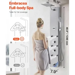 VEVOR Shower Panel Tower System with Rainfall Shower Head, LED, 49 in Brushed Stainless Steel Shower Column, 4-Function Faucet, Wall-Mount Rain Massage System with 6 Body Jets, Handheld, and Tub Spout