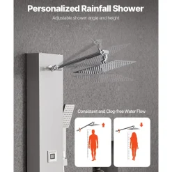 VEVOR Shower Panel Tower System with Rainfall Shower Head, LED, 49 in Brushed Stainless Steel Shower Column, 4-Function Faucet, Wall-Mount Rain Massage System with 6 Body Jets, Handheld, and Tub Spout