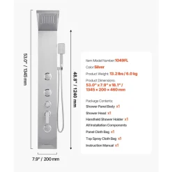 VEVOR Shower Panel Tower System with Rainfall Shower Head, 53 in Brushed Stainless Steel Shower Column, 3-Function Faucet, High Pressure Wall-Mount Rain Massage System, with Large Body Jet, Handheld