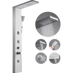 VEVOR Shower Panel Tower System with Rainfall Waterfall Shower Head, LED, 53 in Brushed Stainless Steel Shower Column, 5-Function Faucet, Wall-Mount Rain Massage System, with Handheld and Tub Spout