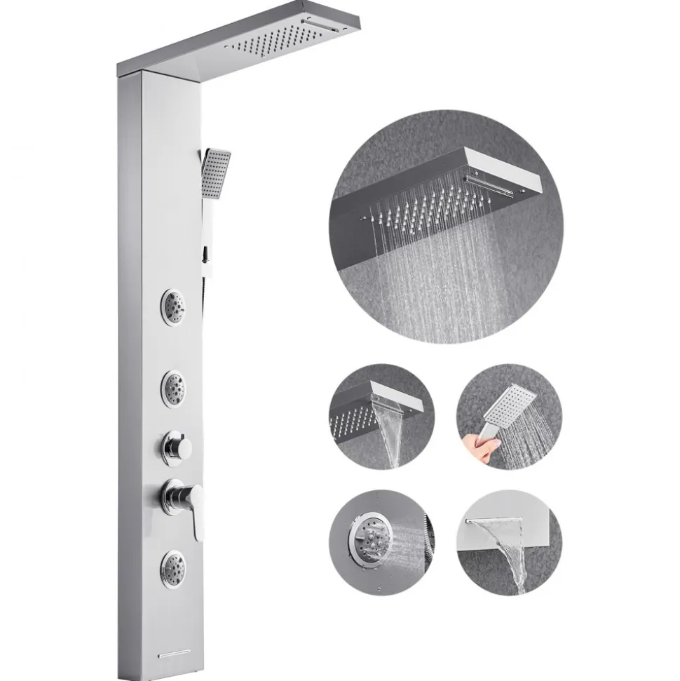 VEVOR Shower Panel Tower System with Rainfall Waterfall Shower Head, LED, 53 in Brushed Stainless Steel Shower Column, 5-Function Faucet, Wall-Mount Rain Massage System, with Handheld and Tub Spout