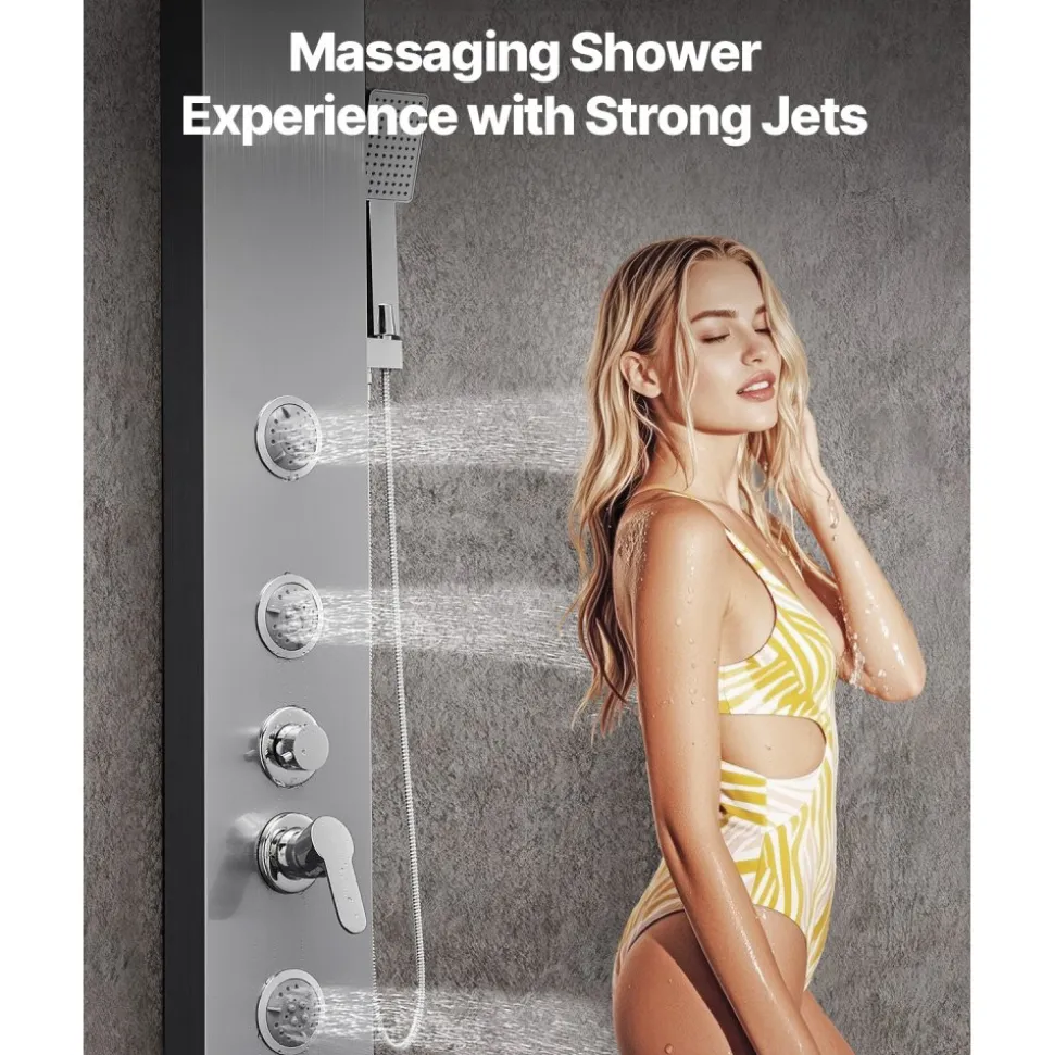 VEVOR Shower Panel Tower System with Rainfall Waterfall Shower Head, LED, 53 in Brushed Stainless Steel Shower Column, 5-Function Faucet, Wall-Mount Rain Massage System, with Handheld and Tub Spout