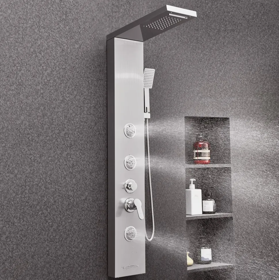 VEVOR Shower Panel Tower System with Rainfall Waterfall Shower Head, LED, 53 in Brushed Stainless Steel Shower Column, 5-Function Faucet, Wall-Mount Rain Massage System, with Handheld and Tub Spout