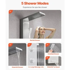 VEVOR Shower Panel Tower System with Rainfall Waterfall Shower Head, LED, 53 in Brushed Stainless Steel Shower Column, 5-Function Faucet, Wall-Mount Rain Massage System, with Handheld and Tub Spout
