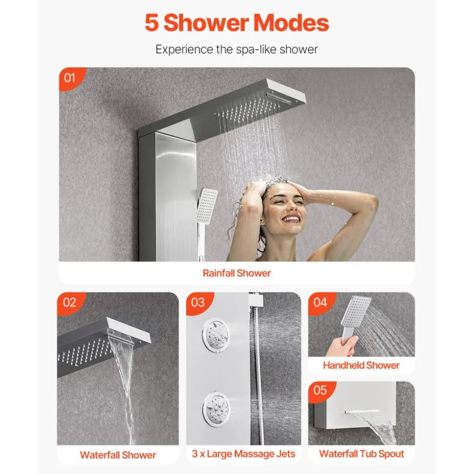 VEVOR Shower Panel Tower System with Rainfall Waterfall Shower Head, LED, 53 in Brushed Stainless Steel Shower Column, 5-Function Faucet, Wall-Mount Rain Massage System, with Handheld and Tub Spout