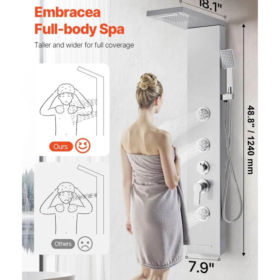 VEVOR Shower Panel Tower System with Rainfall Waterfall Shower Head, LED, 53 in Brushed Stainless Steel Shower Column, 5-Function Faucet, Wall-Mount Rain Massage System, with Handheld and Tub Spout